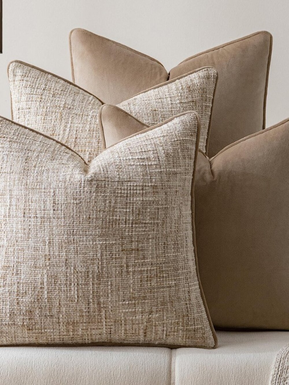 Khaki 4 Pack Throw Pillow Covers - Chenille & Velvet Set with Piping, Farmhouse